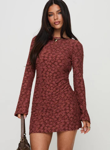 Primrosa Long Sleeve Mini Dress Burgundy | Princess Polly US
