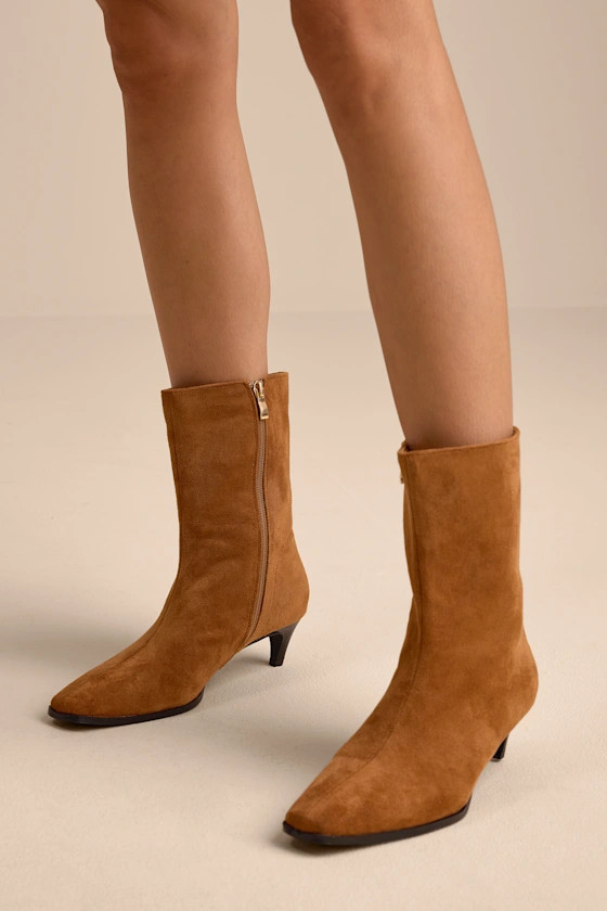 Carla Cognac Suede Kitten Heel Mid-Calf Booties | Lulus