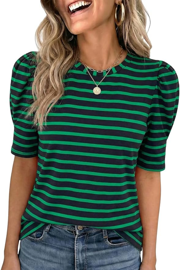 Dokotoo Women's Casual Short Puff Sleeve Crew Neck Striped T Shirts Summer Tops | Amazon (US)