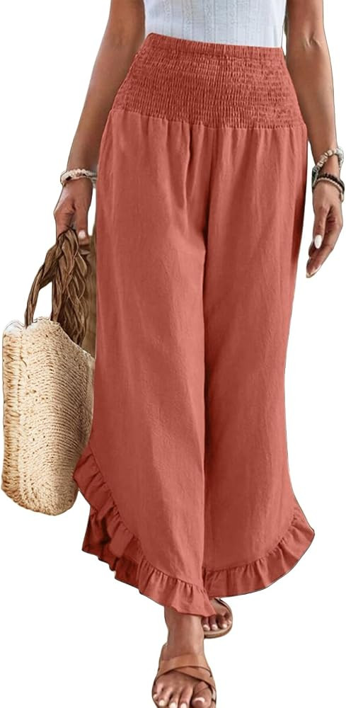 Linen Pants for Women 2025 Summer Casual Loose Flowy Boho Pants,Smocked Waist Ruffle Palazzo Pant... | Amazon (US)