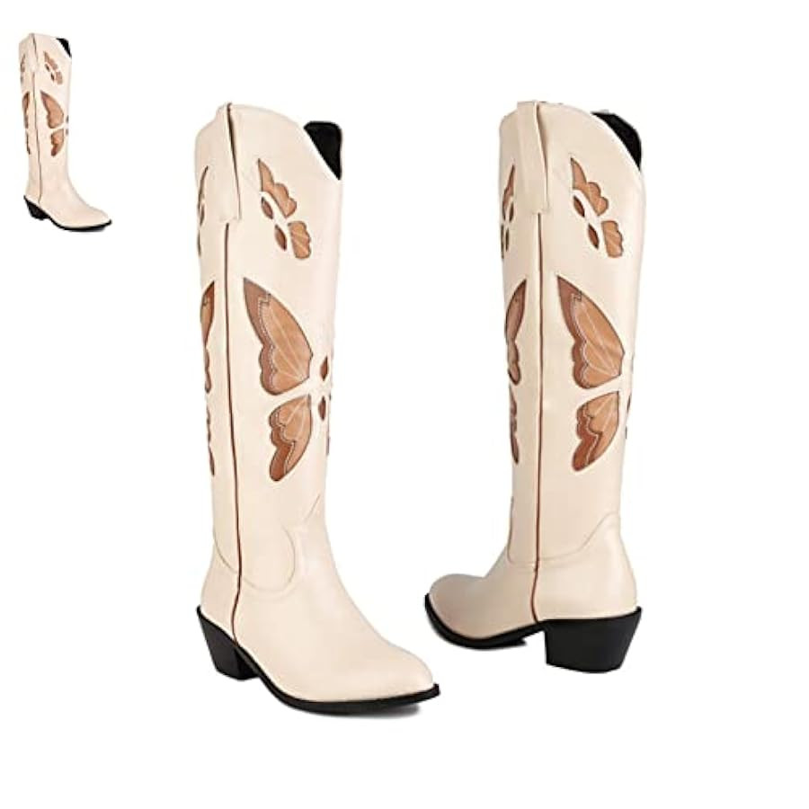 DevilAngel Women's Fashion Butterfly Embroidered Western Cowboy Boots?Vintage V Mouth Chunky Heel... | Amazon (US)
