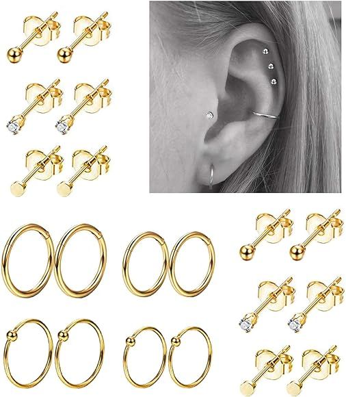 10Pairs Stainless Steel Cartilage Earrings for Men Women Stud Earrings Ball CZ Tragus Helix Piercing | Amazon (US)