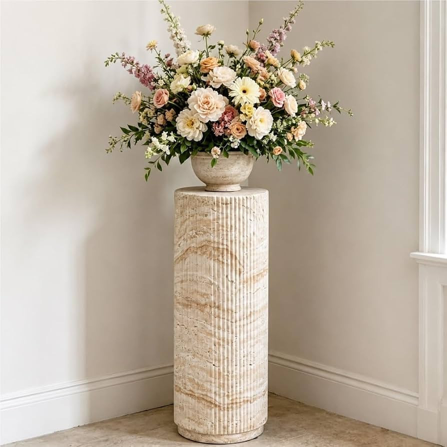 Vase Stand, Floor Vase Shelf, Travertine Pedestal End Table for Living Room | Amazon (US)
