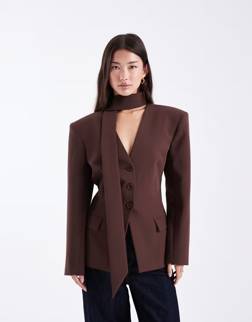 ASOS DESIGN cinch shoulder pad blazer with scarf in chocolate brown | ASOS (Global)
