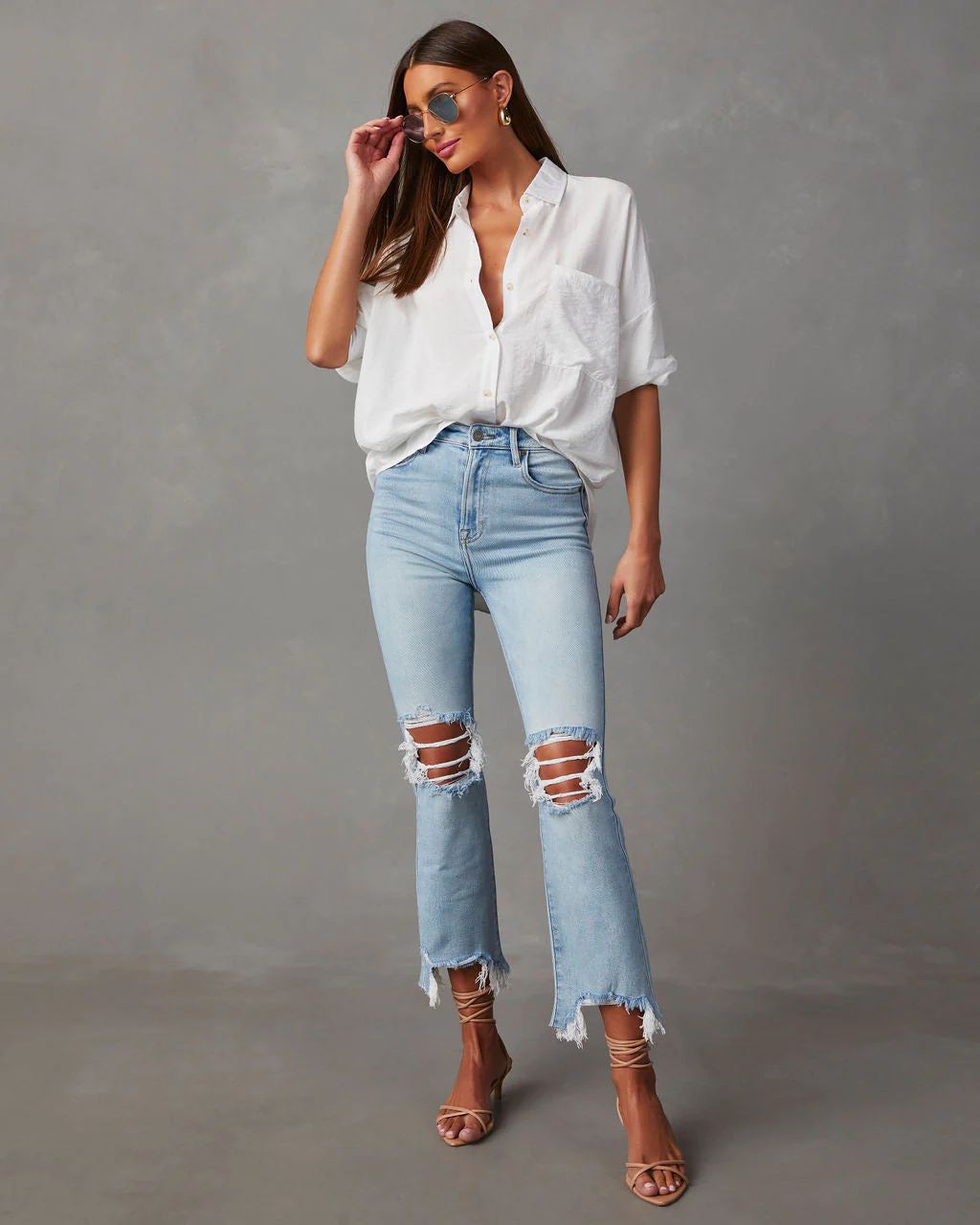 Cosmia High Rise Distressed Crop Flare Denim | VICI Collection