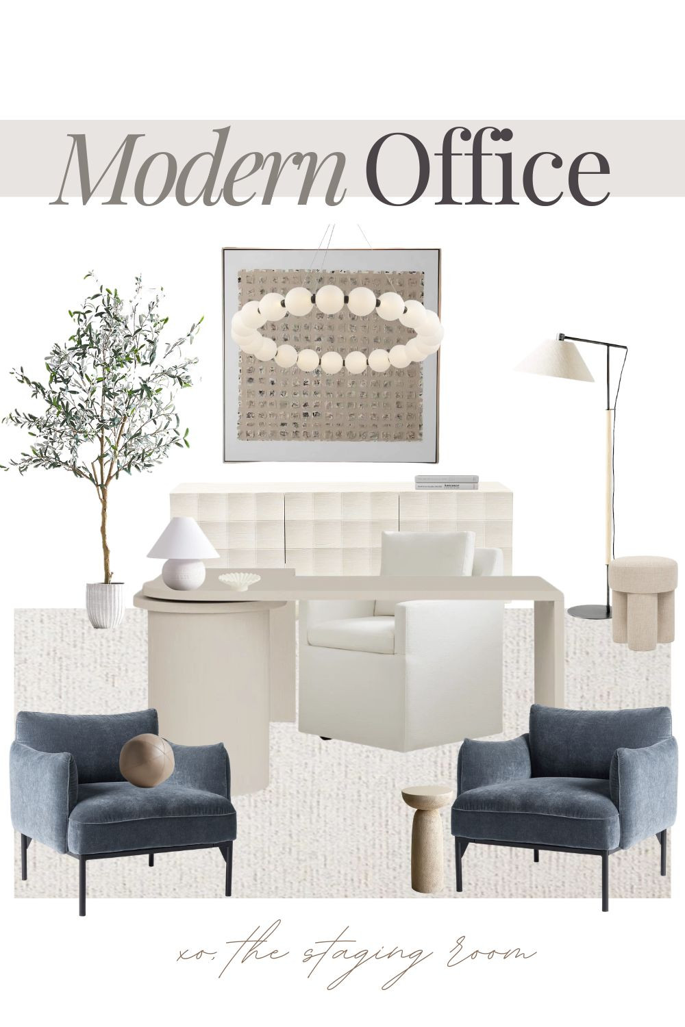 Elevate your workspace with this modern office inspiration that blends organic textures with contemporary design. This curated look features a neutral palette anchored by a sleek executive desk and an ivory swivel desk chair, perfect for a productive home office.

To create a sophisticated atmosphere, we’ve added blue velvet accent chairs for a pop of color and a large faux olive tree to bring in a natural, earthy element. The statement frosted globe chandelier and minimalist floor lamp provide layered lighting that is both functional and chic. Whether you're looking for minimalist office decor or luxury workspace furniture, these pieces offer the perfect balance of comfort and style.

Shop the Look
Furniture: Modern ivory desk, cream sideboard, and textured neutral rug.

Seating: Blue velvet armchairs and a white upholstered office chair.

Lighting: Bubble ring chandelier and a modern tripod floor lamp.

Decor: Faux olive tree, stone side table, and abstract wall art.

#modernoffice #homeofficeideas #ltkhome 

 #LTKsale #LTKhome