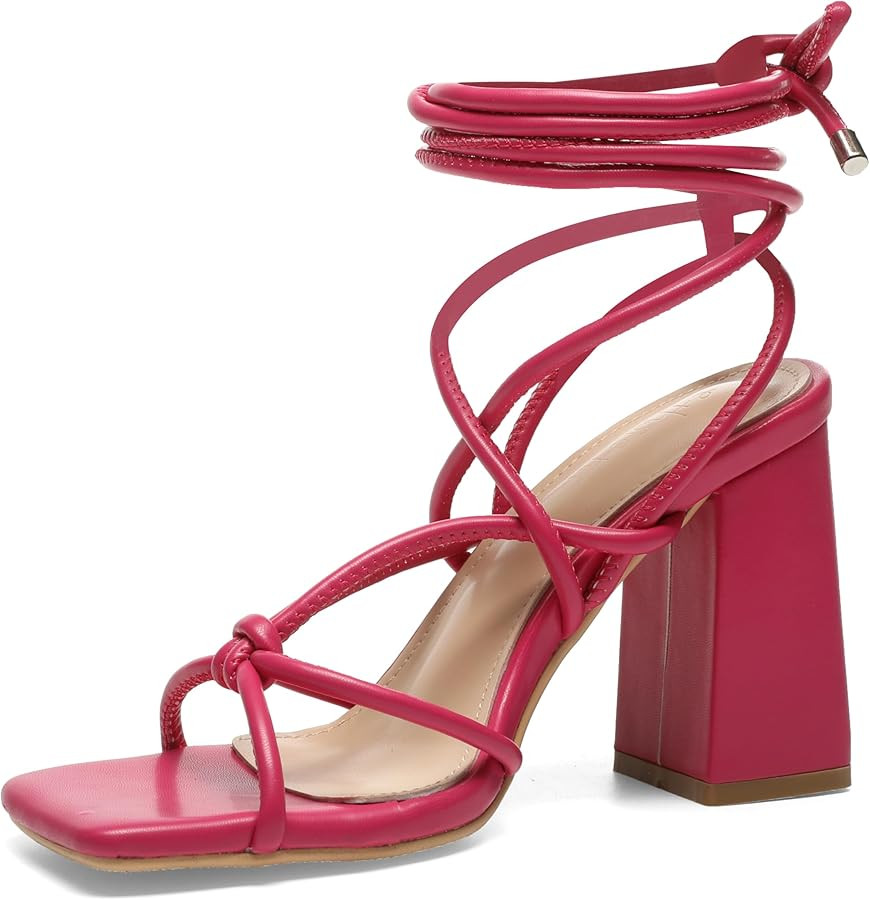 Womens Strappy Heels Lace Up Chunky Heel Sandals, Cute Block Heel Wrap Sandals for Women Dressy S... | Amazon (US)