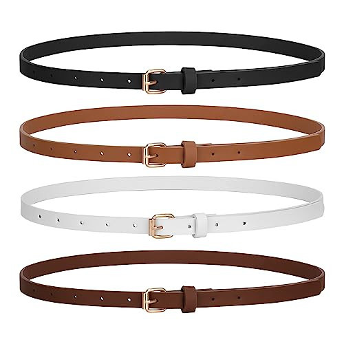 JASGOOD 4 Pack Skinny Women Leather Belt for Dresses Thin Waist Belt for Jeans Pants with Gold Buckle | Amazon (US)