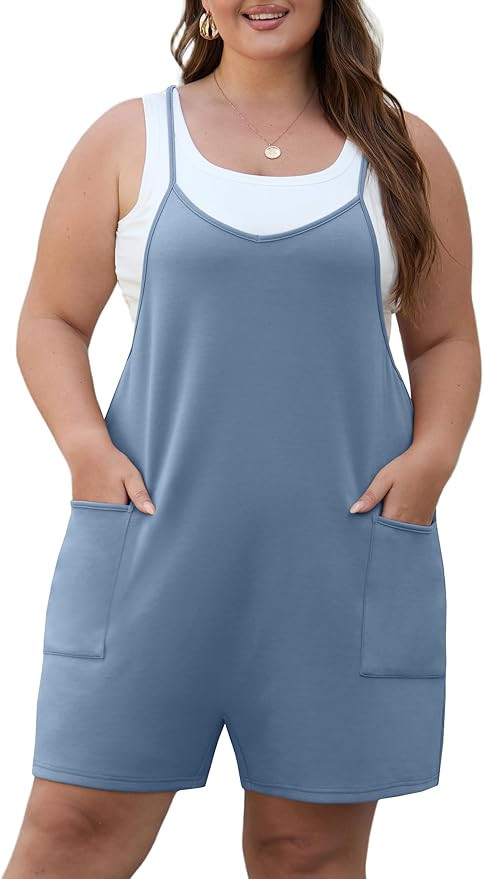 OLRIK Womens 2026 Summer Plus Size Romper Adjustable Spaghetti Strap Jumpsuits With Pockets Sleev... | Amazon (US)