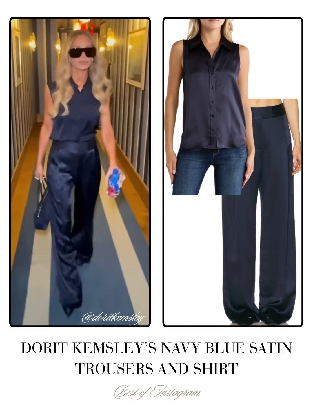Dorit Kemsley’s Navy Blue Satin Trousers and Shirt 📸 = @doritkemsley