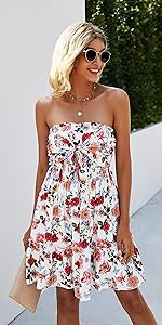 ECOWISH Womens Dresses Floral Spaghetti Strap Tie Knot Front Flowy Pleated Mini Swing Dress | Amazon (US)