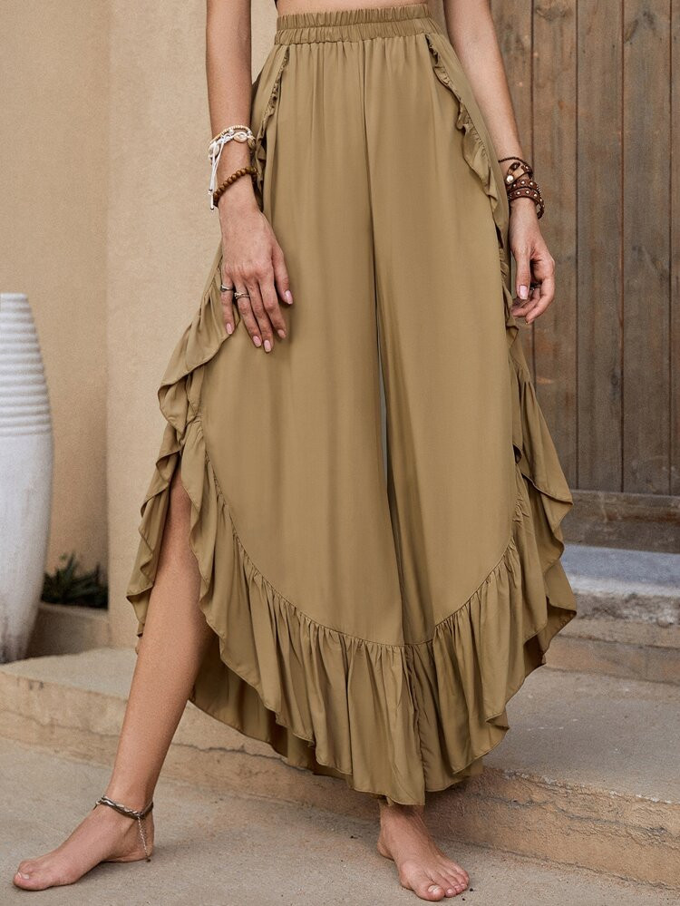 Rusttydustty Elastic Waist Ruffle Hem Wide Leg Pants | SHEIN
