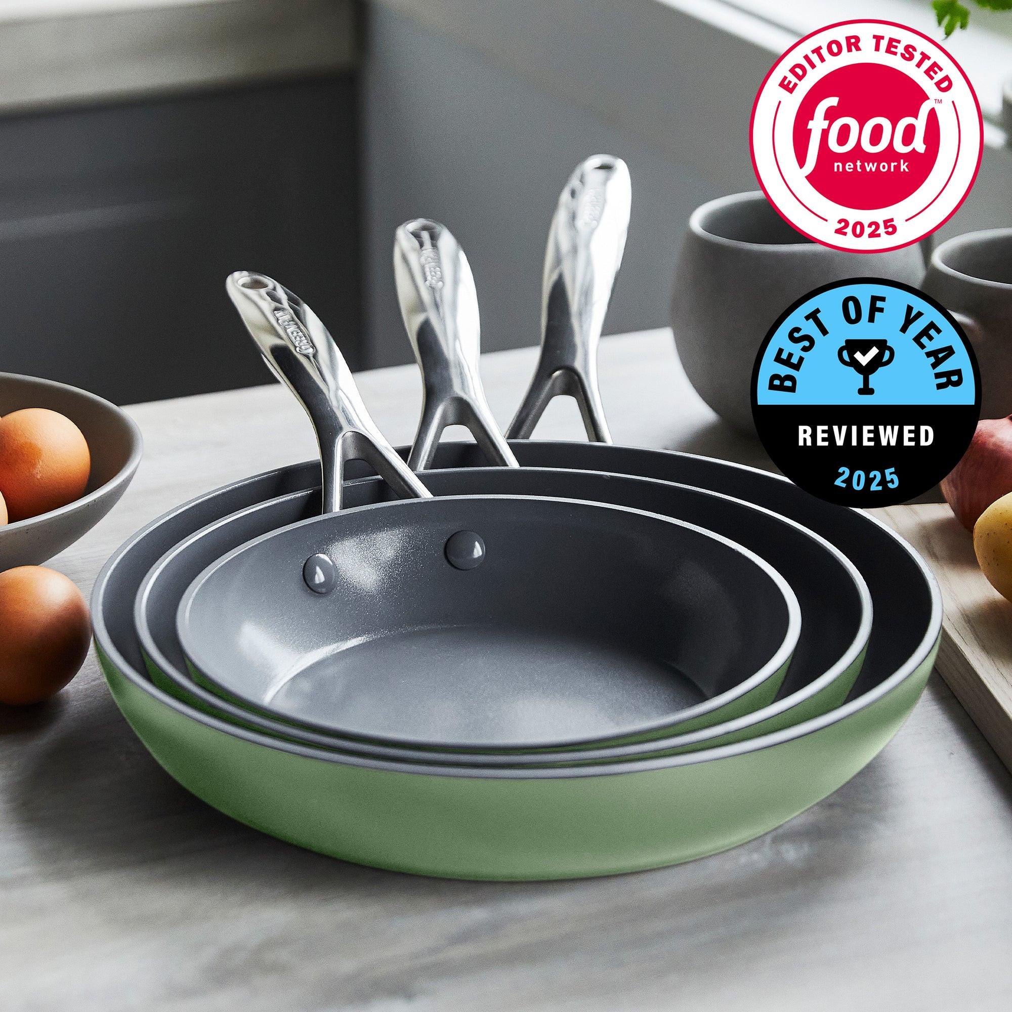 Valencia Pro Ceramic Nonstick 8", 9.5", and 11" Frypan Set | Sage | GreenPan