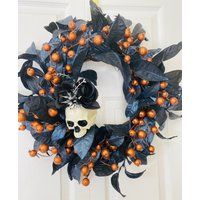 Halloween Glitzy Skeleton Wreath, Sparkly Black & Orange Wreath For Front Door | Etsy (US)