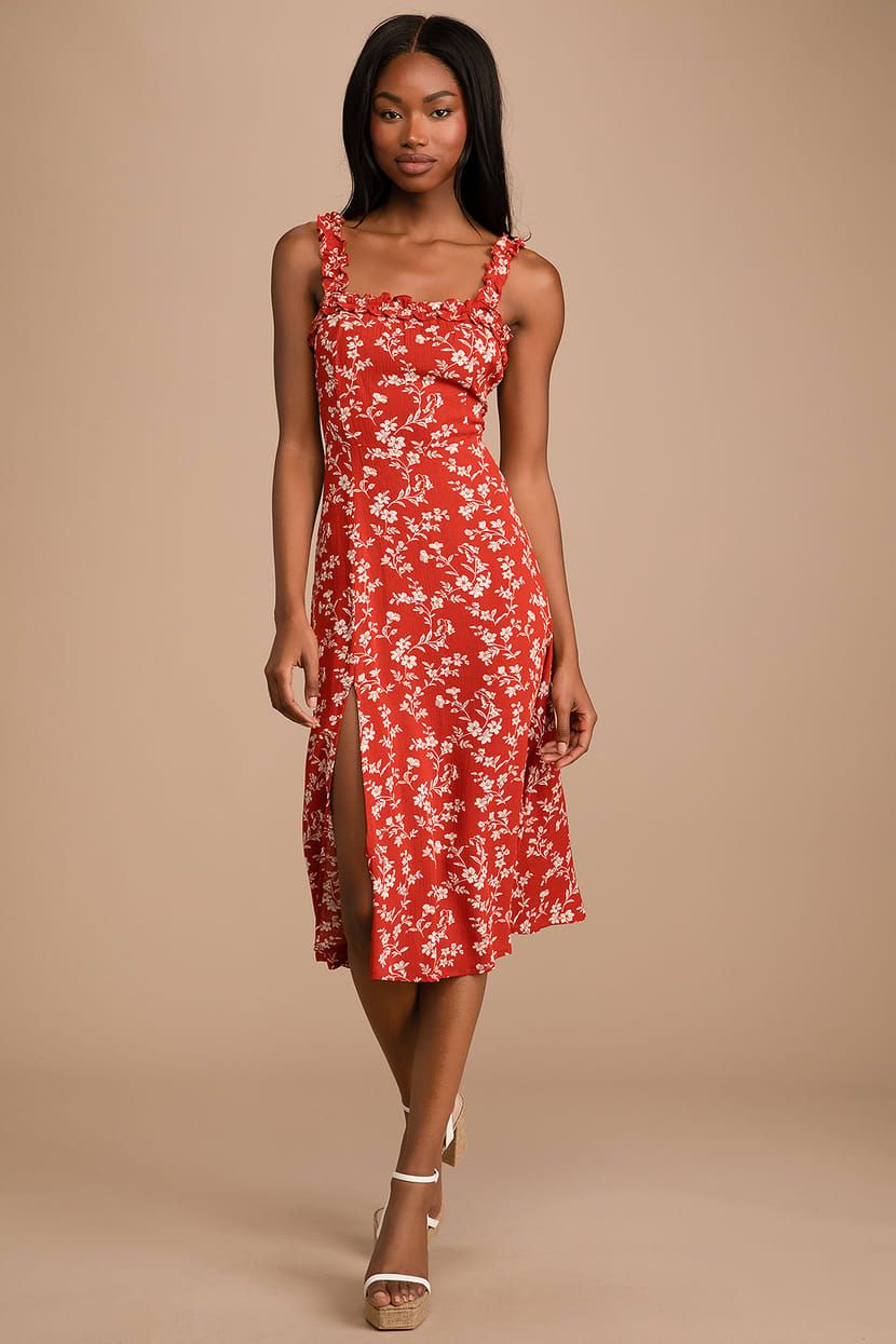 Garden Date Red Orange Floral Print Ruffle Midi Dress | Lulus (US)
