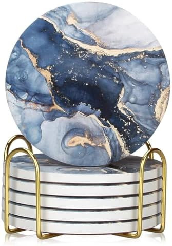6 Pcs Navy Blue Marble Abstract Ceramic Coasters with Holder Best Absorbent Drink Coasters Round ... | Amazon (US)