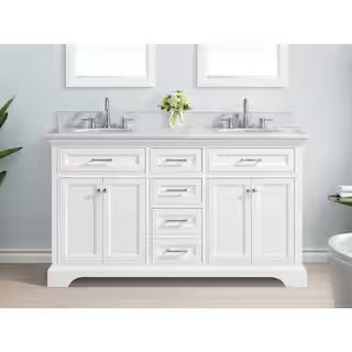 Home Decorators Collection Windlowe 61 in. W x 22 in. D x 35 in. H Freestanding Bath Vanity in Wh... | The Home Depot