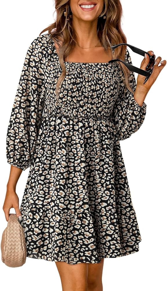 Dokotoo Womens Summer Dresses 2024 Boho Floral Square Neck Smocked 3/4 Sleeve Casual A-Line Swing... | Amazon (US)