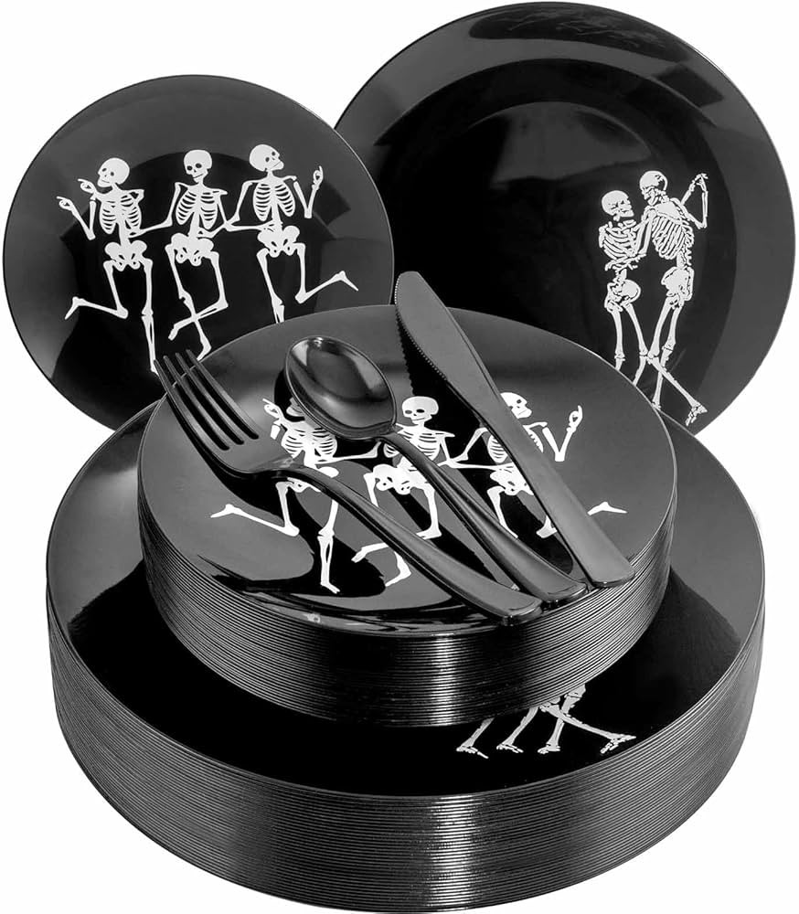 Hioasis 125pcs Halloween Plastic Plates,Black Plastic Plates Disposable with Skeleton Pattern Inc... | Amazon (US)