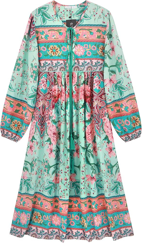 R.Vivimos Women's Long Sleeve Floral Print Retro V Neck Tassel Bohemian Midi Dresses | Amazon (US)