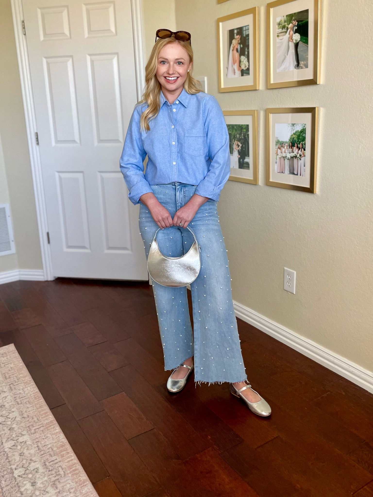 Wearing a 2 in jeans and XS in top | casual spring outfit, spring outfit, wide leg jeans, pearl jeans, oxford shirt, button up shirt, Mary janes, silver shoes 

#LTKfindsunder100 #LTKSeasonal #LTKstyletip