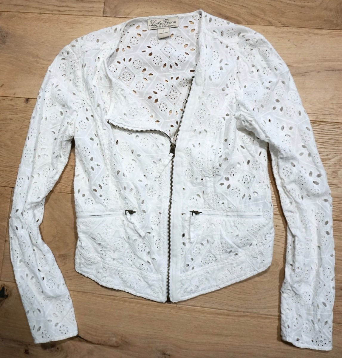 Lucky Brand White Eyelet Asymmetrical Zip Blouse/Jacket Size S pre own excellent | eBay US