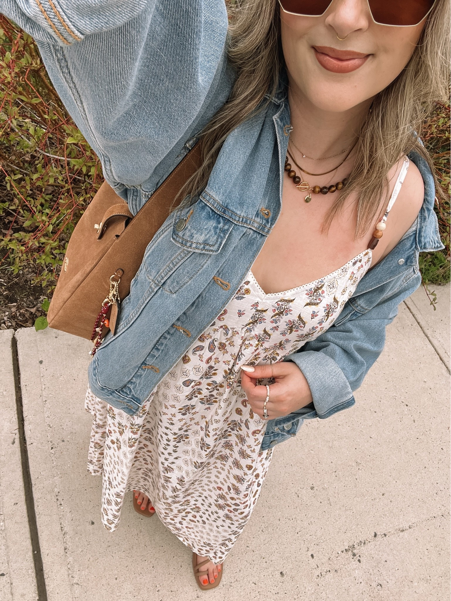 Casual spring outfit! Wearing my usual size L in the boho maxi dress, sized up to XL in the denim jacket for an oversized fit. My sandals are super comfy, I’m usually a 9.5-10 and wear a 10. Canadian Old Navy and Crocs links under “similar products”

#LTKsummer #LTKdresses #LTKmidsize