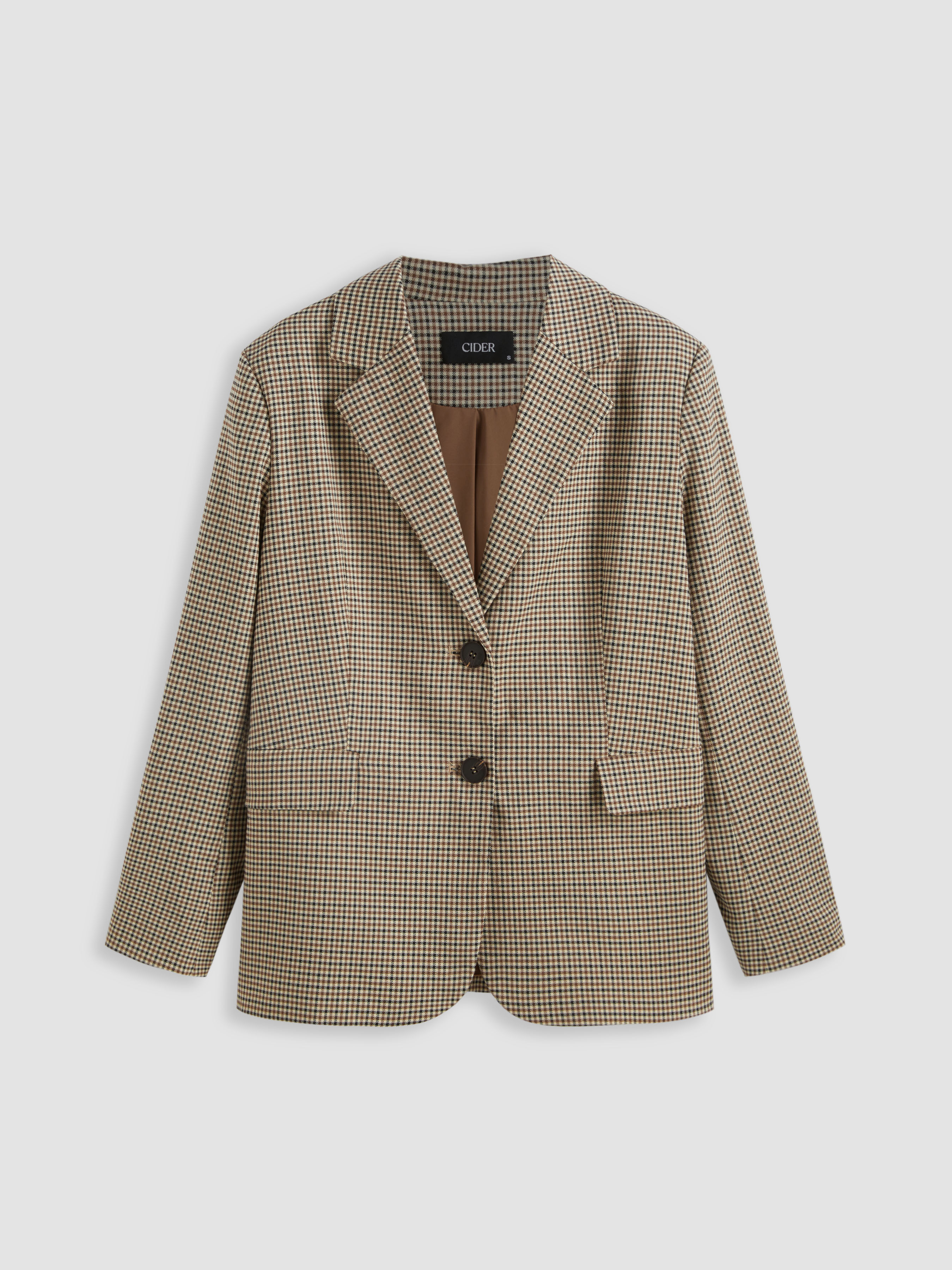 Woven Collar Check Button Blazer For Daily Casual Coffee Shop Work | Cider