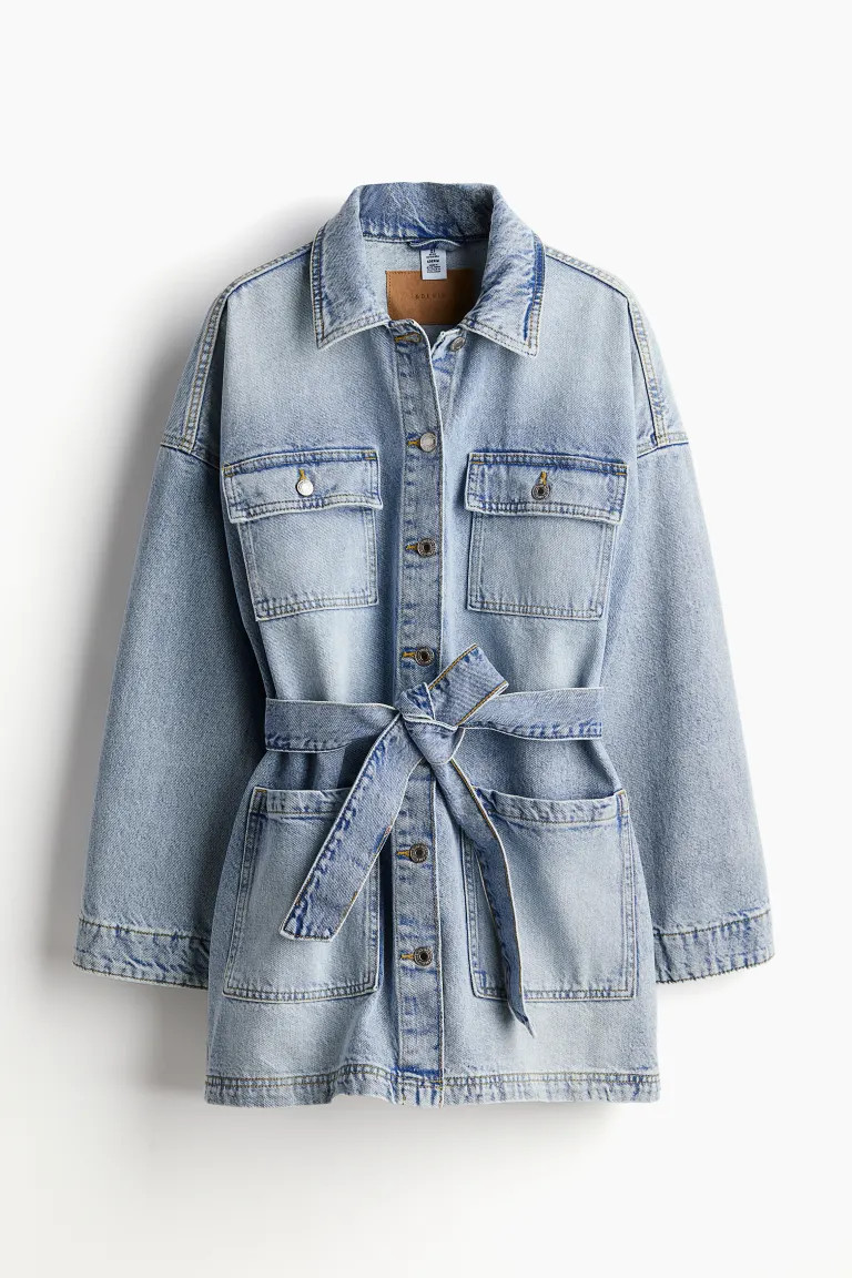 Tie-Belt Denim Jacket - Long sleeve - Regular length - Light denim blue - Ladies | H&M US | H&M (US + CA)