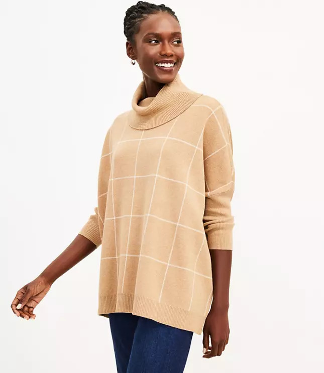 Petite Windowpane Cowl Poncho Sweater | LOFT