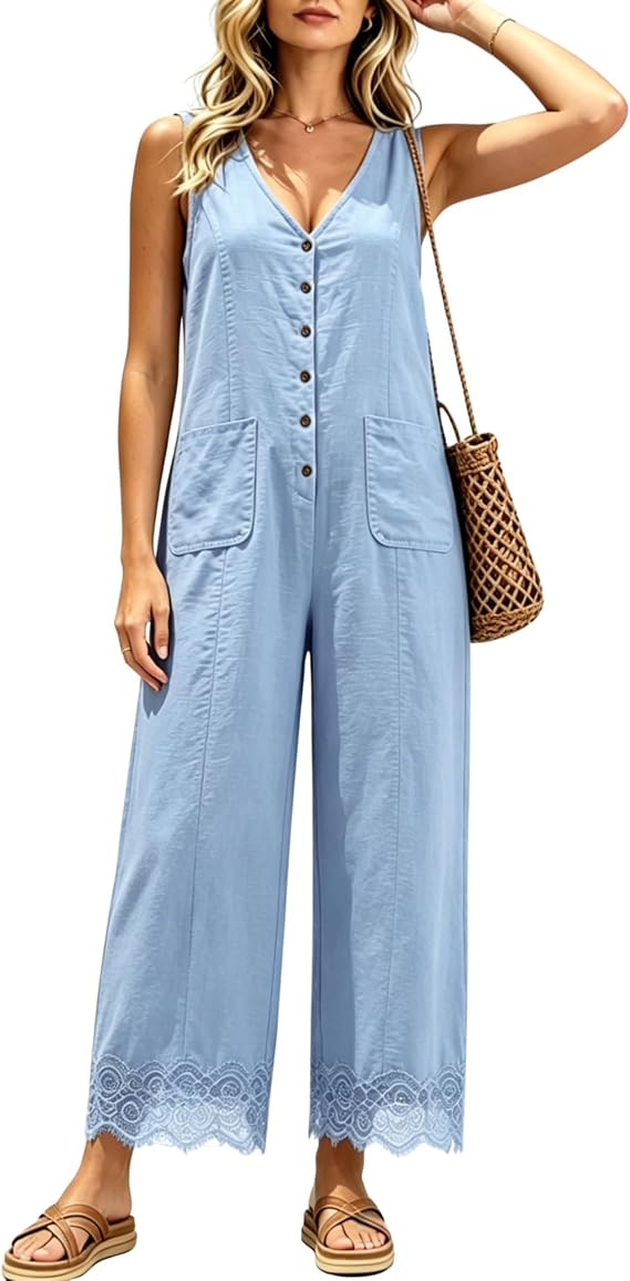 AMEBELLE Women Button Down Jumpsuits Sleeveless Overalls V Neck Wide Leg Flowy Rompers with Pocke... | Amazon (US)