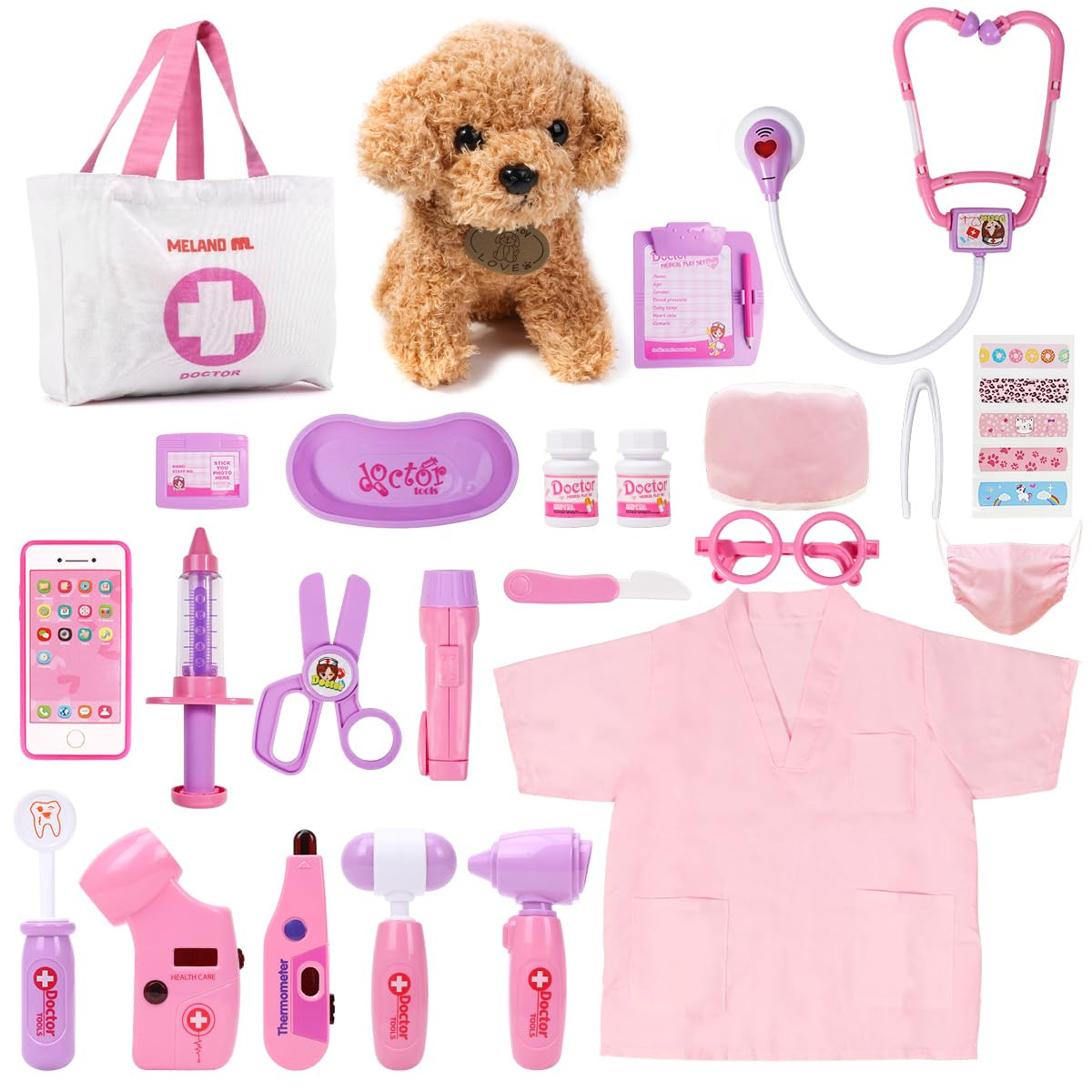 Meland Toy Doctor Kit for Girls, Pretend Play Toy Doctor Set with Dog , Carrying Bag, Stethoscope... | Amazon (US)