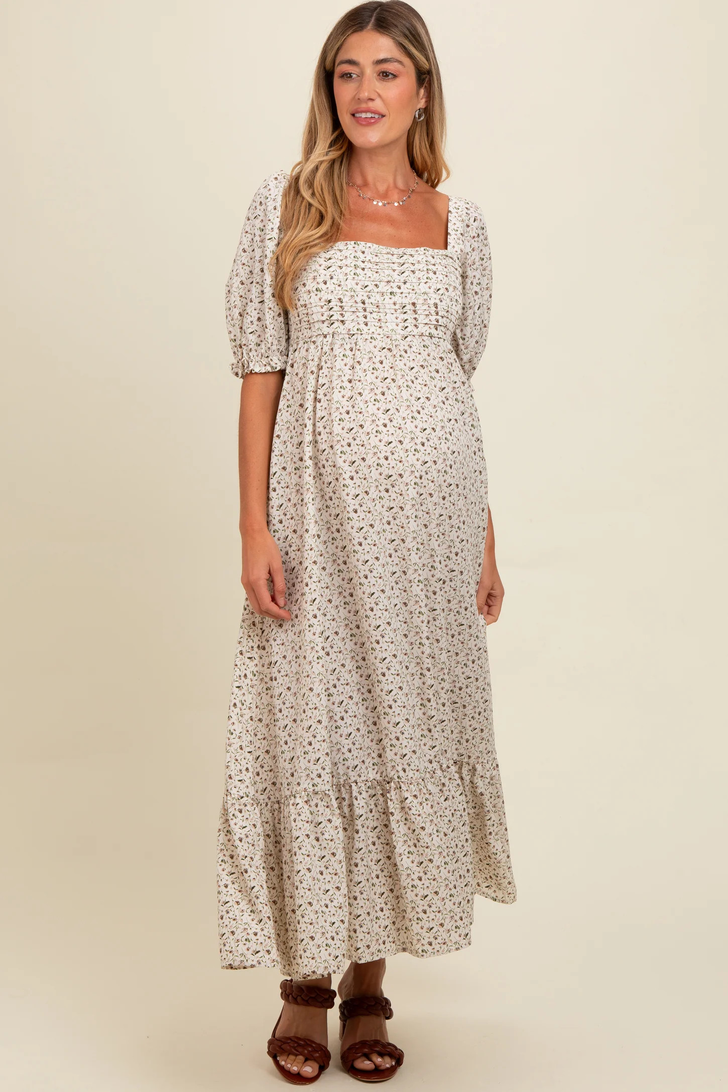 Ivory Floral Pleated Bodice Maternity Maxi Dress | PinkBlush Maternity