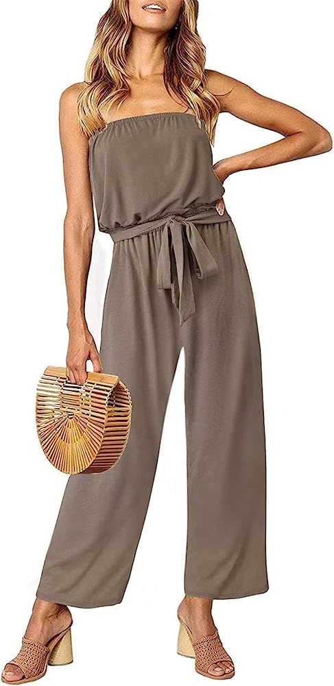 ZESICA Women's 2023 Casual Off Shoulder Solid Color Strapless Belted Wide Leg Jumpsuit Romper | Amazon (US)