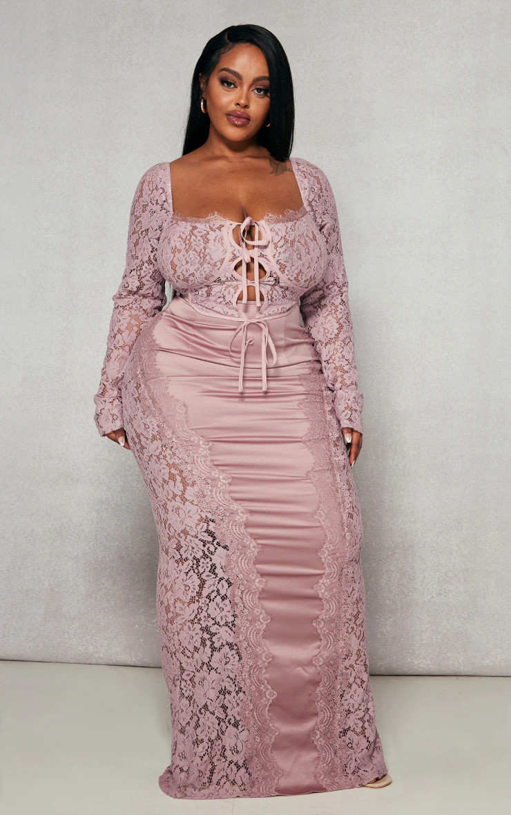 Plus Dark Rose Satin Lace Detail Maxi Skirt | PrettyLittleThing UK