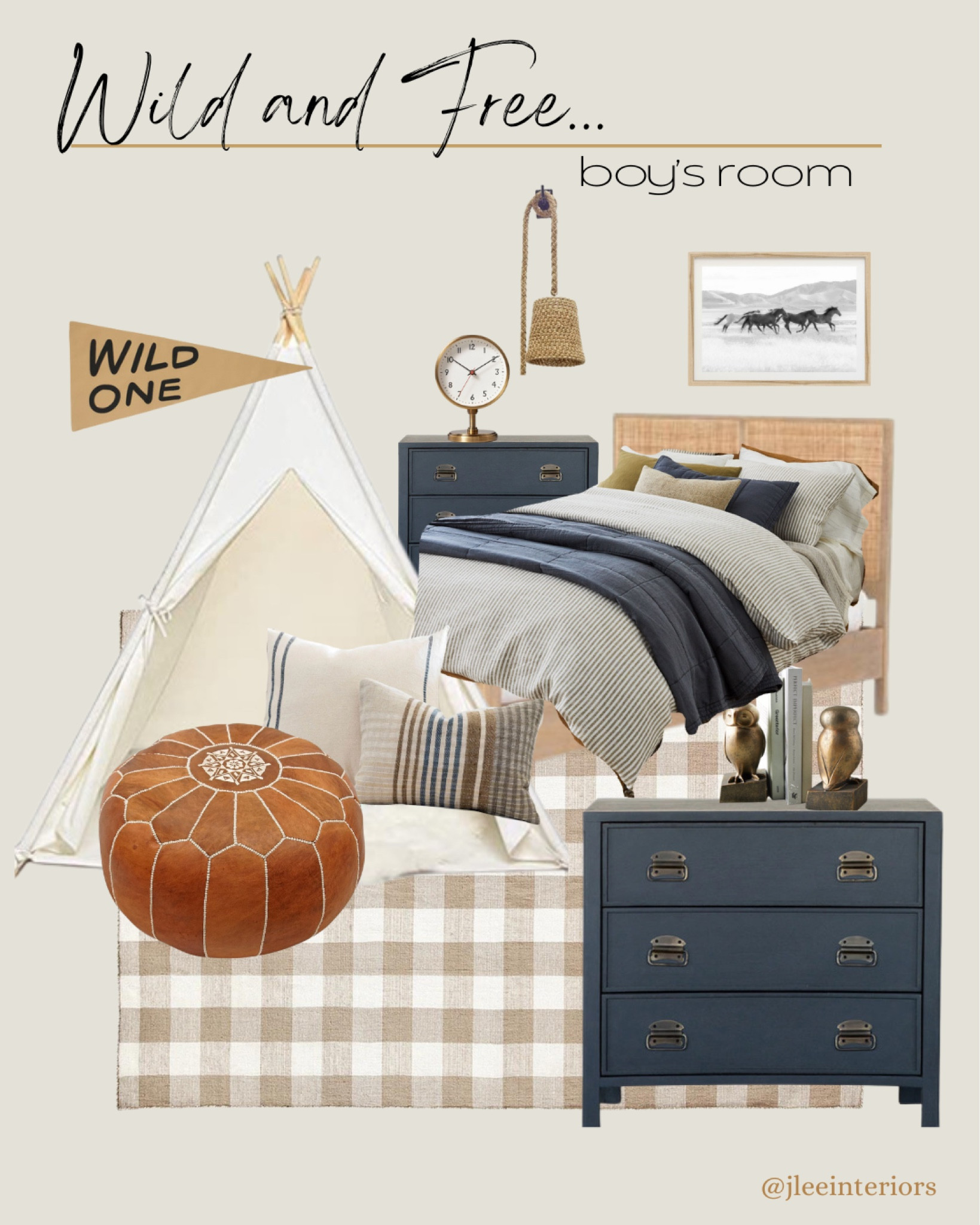 Playful, yet sophisticated styling of a little boy’s room. Investment pieces are the foundation, while more affordable accessories can be swapped out over time, allowing room to grow. 
#McGeeandCo, #Amazonbedroom, #amberinteriors #teepee #Leatherpouf #westelm  #etsy #pennant #gingham #kathykuohome #kidsroom #playroom #nursery

#LTKSpringSale #LTKhome #LTKkids