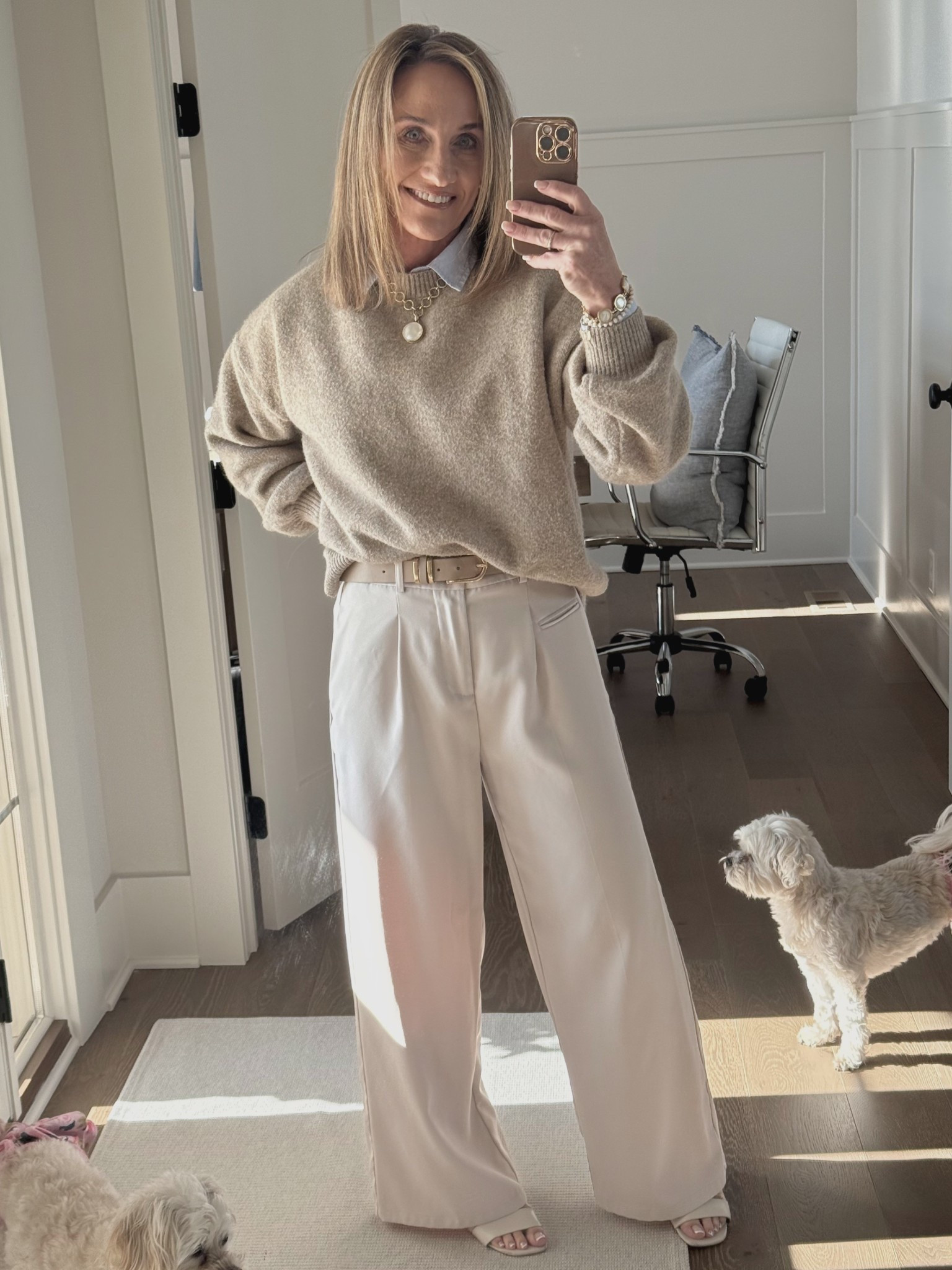 I love a good….nearly monochromatic look 😉. Layered light beige sweater with cream pants & a white belt.  Take a quick look around your closet & pull things from the same color family for a quick pulled together look. 🤍

#LTKOver40 #LTKootd #LTKWorkwear