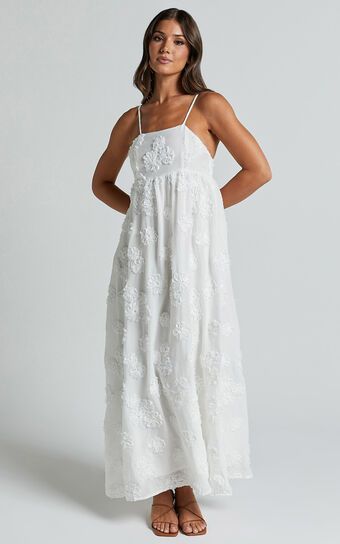 Claya Maxi Dress - Sleeveless Straight Neckline Floral Detail Dress in White Embroidery | Showpo (US, UK & Europe)