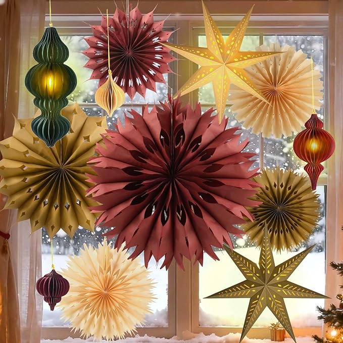 Christmas Hanging Decorations Set, 3D Paper Star Lanterns with Lights Paper Honeycomb Ornaments S... | Amazon (US)