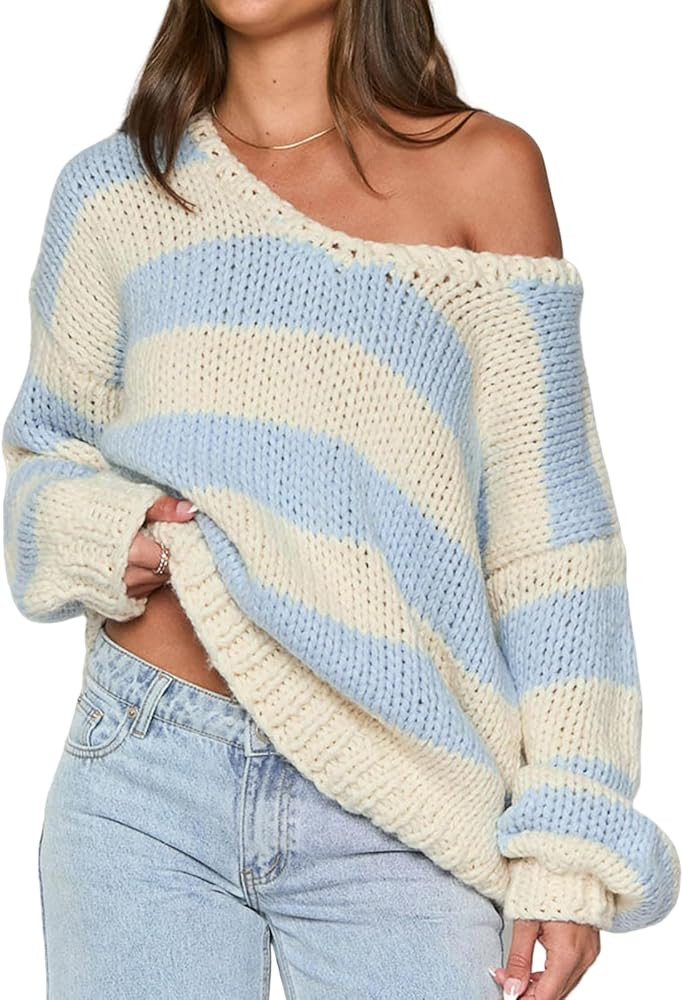Women Fall Vintage Striped Sweater Long Sleeve Chunky Knit Pullover Tops Y2k Oversized Jumper for... | Amazon (US)