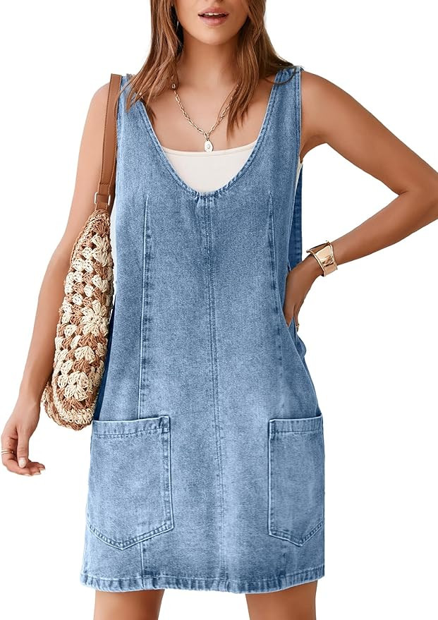 BerryGo Women's Denim V Neck Sleeveless Overall Dress Casual Mini Pinafore Dress Short Jumper Jea... | Amazon (US)