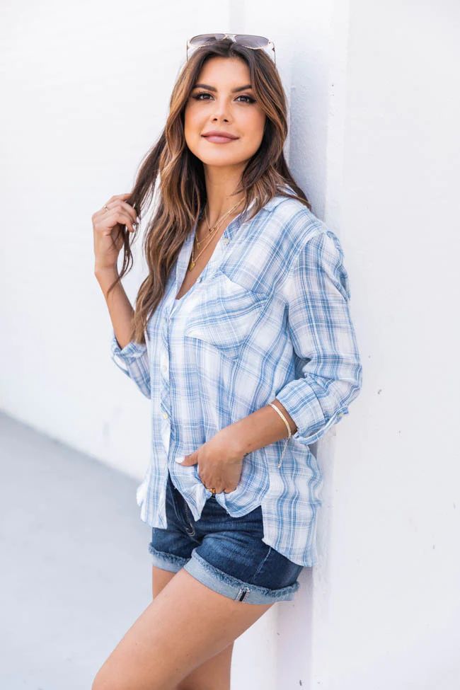 A Step Away Blue Plaid Blouse | The Pink Lily Boutique