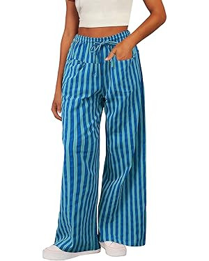 Acelitt Women Casual Drawstring Elastic Waist Loose Wide Leg Striped Pants with Pockets, S-XXL | Amazon (US)