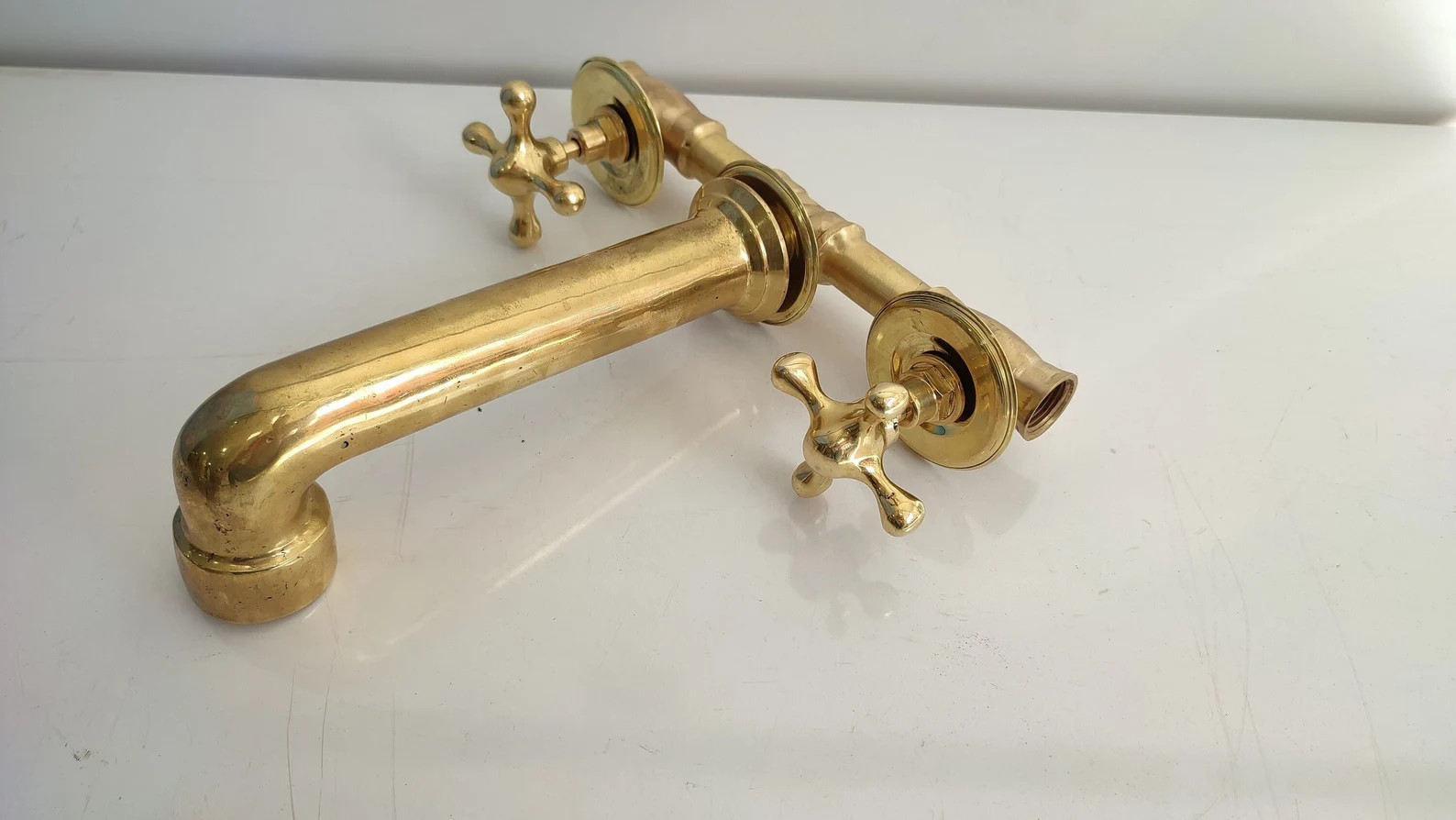 Solid Brass Wall Mounted Bathroom Faucet Brass Cross Handles Handmade Wall Mount Faucet - Etsy | Etsy (US)