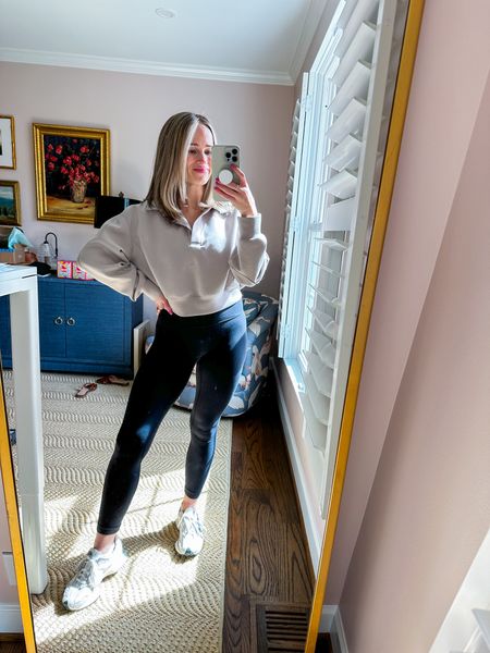 Love these leggings and cropped sweatshirt! These sneakers are my most worn and so comfortable for lots of walking. Perfect for vacation or mom life

Went up 1/2 size in sneakers 
Size 2 in leggings 
Size small in sweatshirtt  

#LTKshoecrush #LTKSeasonal