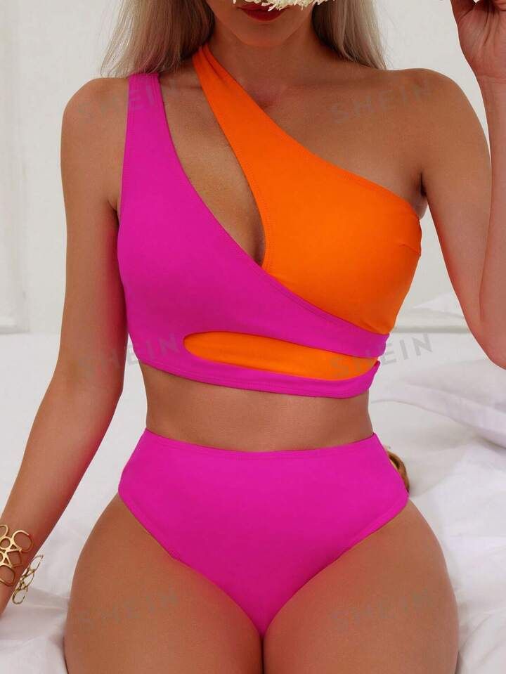 SHEIN Swim Vcay Color Block Cut Out One Shoulder Bikini Swimsuit | SHEIN