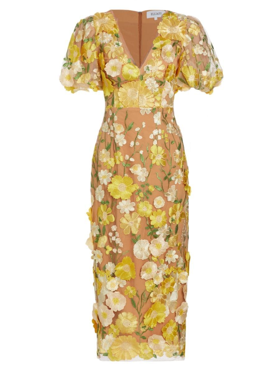 Indie Floral Puff-Sleeve Midi-Dress | Saks Fifth Avenue