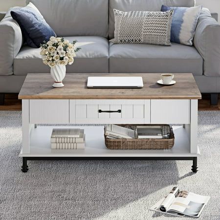 WAMPAT Farmhouse Coffee Table with Storage Shelf for Living Room Rustic White&Oak | Walmart (US)