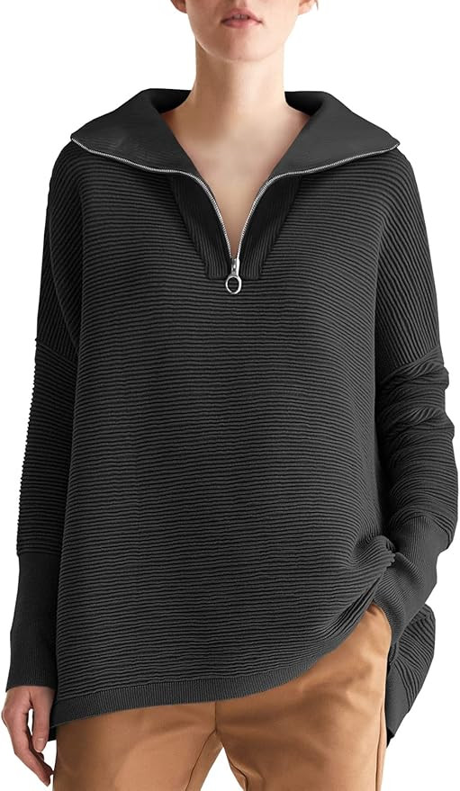 ANRABESS Women's 2022 Fashion Quarter Zipper V Neck Collared Oversized Ribbed Knit Pullover Sweat... | Amazon (US)