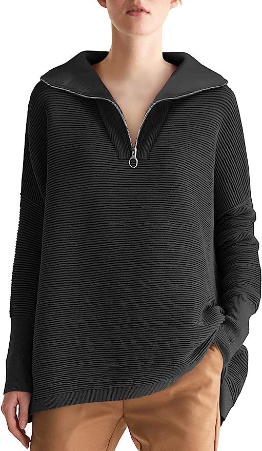 ANRABESS Women's 2022 Fashion Quarter Zipper V Neck Collared Oversized Ribbed Knit Pullover Sweat... | Amazon (US)